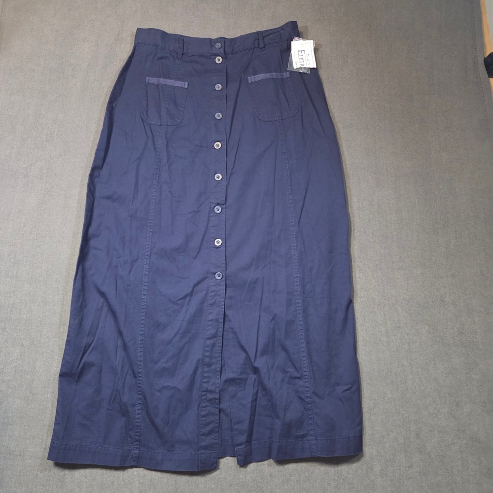Basic Editions Maxi Skirt Womens 14 Navy Blue Button Front Cotton Pockets